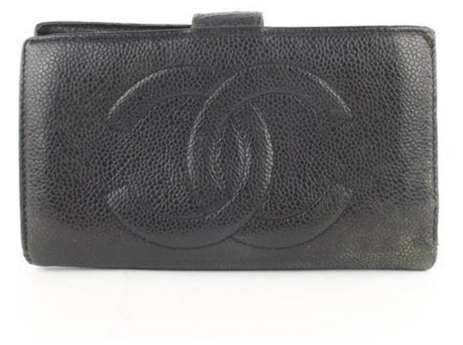 Chanel Cartera larga plegable negra con logo de Caviar Cc Negro  ref.288527