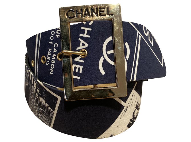 Chanel Ceintures Toile Blanc Bleu Marine Bijouterie dorée  ref.288844