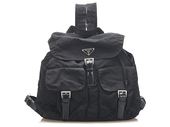 Prada Black Tessuto Drawstring Backpack Leather Pony-style calfskin Nylon Cloth  ref.289171