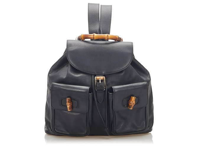Gucci Black Bamboo Drawstring Leather Backpack Pony-style calfskin  ref.289183