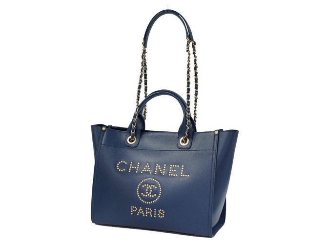 Chanel 2WAY Umhängetasche Deauville Stats Chain Tote Damen-Einkaufstasche Navy x Gold Hardware Marineblau Leder  ref.289232