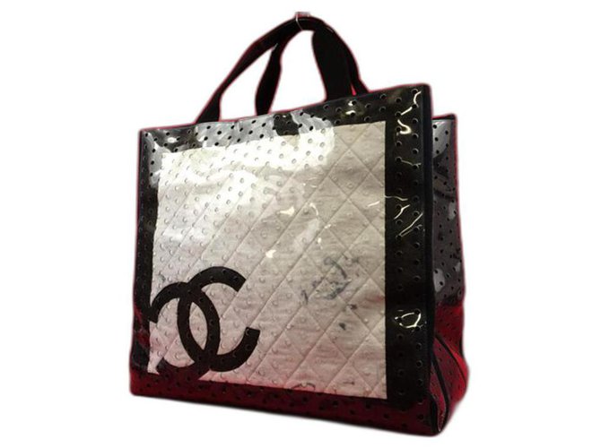 Chanel Durchscheinende klare nackte CC perforierte Tasche Jumbo-Tasche Schwarz Weiß  ref.289836