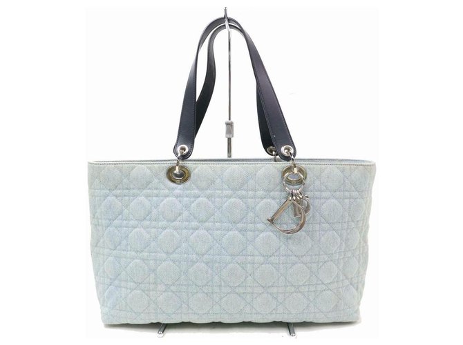 Dior Quilted Cannage Shopper Light Blue Denim Tote Metal  ref.290011
