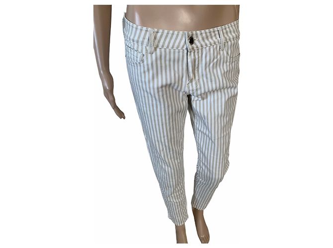 Pantalones Slim Fit de Rayas de Algodón Massimo Dutti Blanco Beige