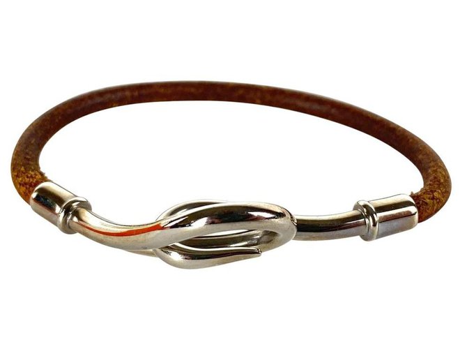 Hermès Jumbo Hook Bracelet Silver Brown scuff Bangle Leather  ref.291757
