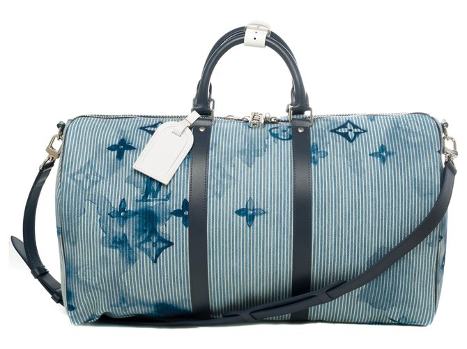 NAGELNEU - BEGRENZTE AUSGABE - AUSVERKAUFT - Louis Vuitton Keepall Reisetasche mit Schultergurt 50 in Hickory Denim Weiß Blau Leinwand  ref.292239