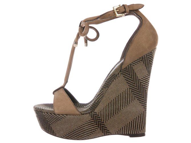 Burberry wedge sandals with tartan covering Taupe Leather  ref.292766