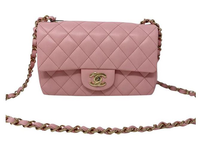Chanel mini sac à rabat Agneau Noir Cuir Rose  ref.292824