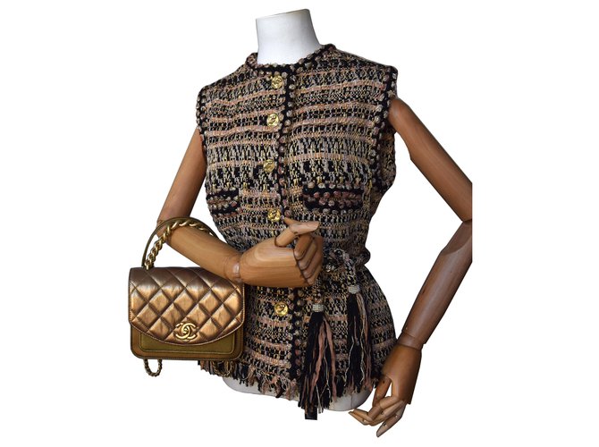 Veste gilet en tweed Chanel avec ceinture Soie Coton Polyester Acrylique Multicolore  ref.292869