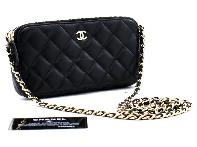 CHANEL Lambskin Wallet On Chain WOC lined Zip Chain Shoulder Bag Black Leather  ref.293063