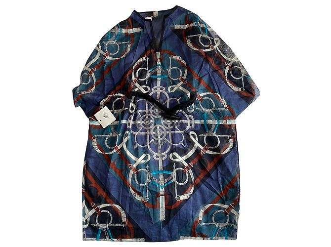 Abito Hermès plage con scollo a U e sperone dorato su cotone Blu