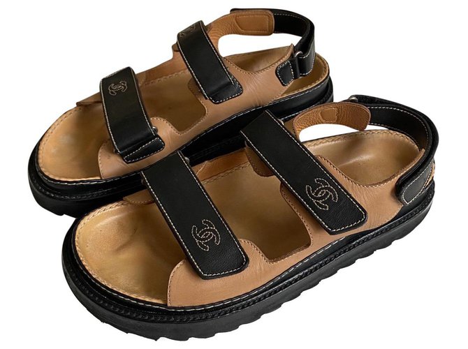 CHANEL Grained Calfskin Velcro Dad Sandals 39 Black 1308085