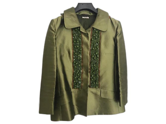 Miu Miu Casaco de seda com decoração pérola Verde