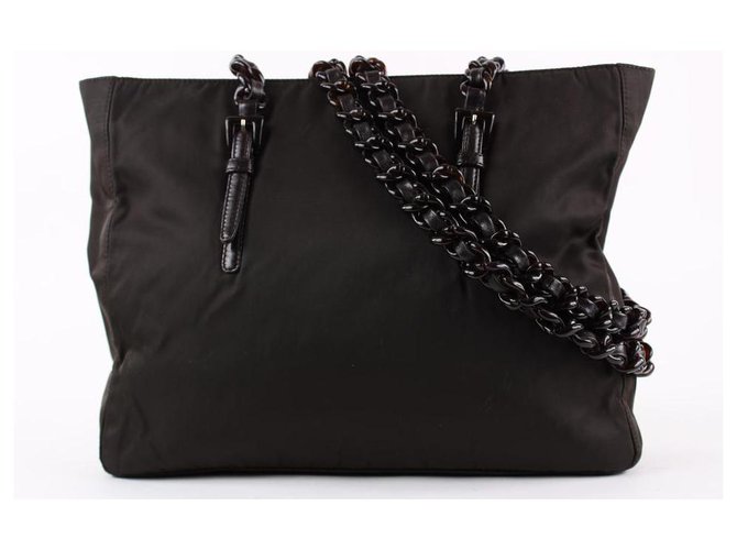 Prada Dark Brown Nylon Tesutto Chain Tote bag Leather  ref.293516