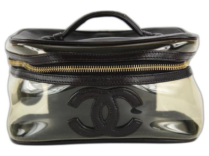 Chanel Clear CC Vanity Case Translucent Box Black Leather 5ccs1216