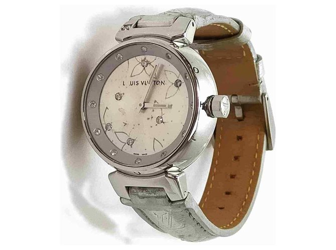 Louis Vuitton Reloj Lovely Tambour de diamantes 34MM Cuero Plata Acero  ref.293614