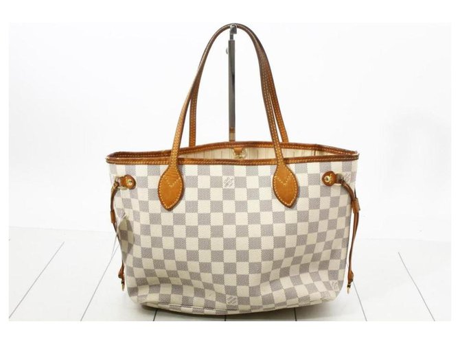 Louis Vuitton Damier Azur Neverfull PM Tote Bag White Leather ref.293663 -  Joli Closet