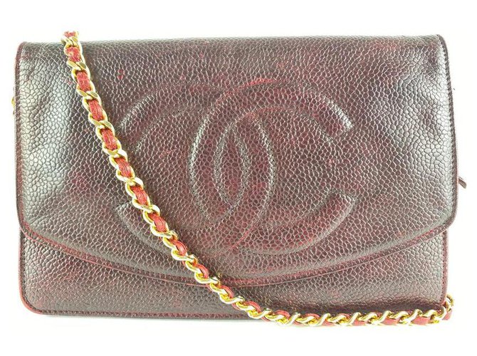 Wallet On Chain Chanel Portefeuille en cuir caviar bordeaux bordeaux sur sac à rabat chaîne WOC  ref.293693