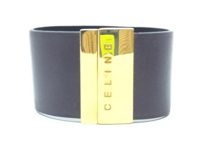 Céline Dark Brown Gold Logo Cuff Bracelet Bangle Leather White gold Metal  ref.293703