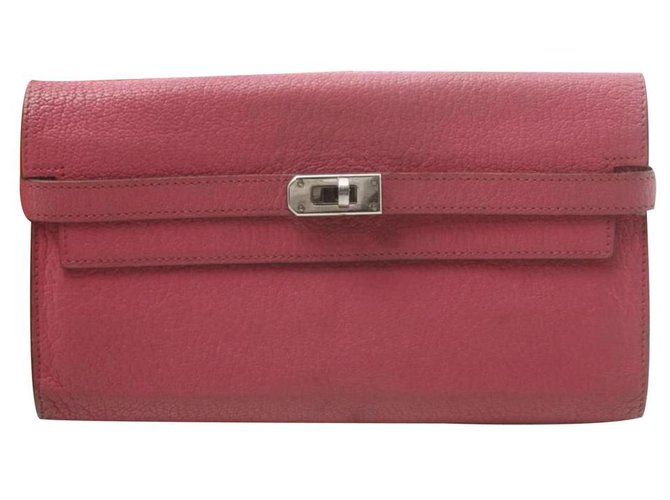 Hermès Pochette portefeuille à rabat Kelly Classic en cuir rose Chevre 861rl895  ref.293725