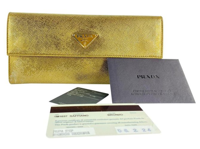 Prada Gold Saffiano Lederklappe Lange Brieftasche 7PR128 Weißgold  ref.293791