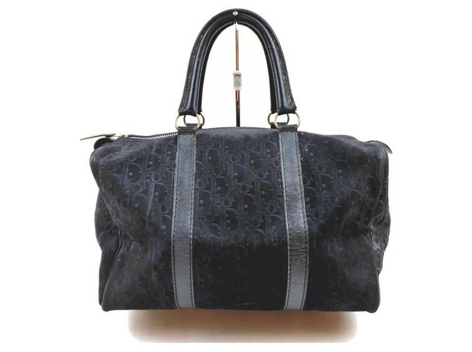 Dior Christian Black Embossed Suede Monogram Trotter Boston Bag Leather  ref.293874