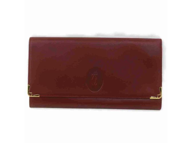Cartier Burgundy Bordeaux Leather Flap Clutch Pochette Envelope Metal  ref.294458