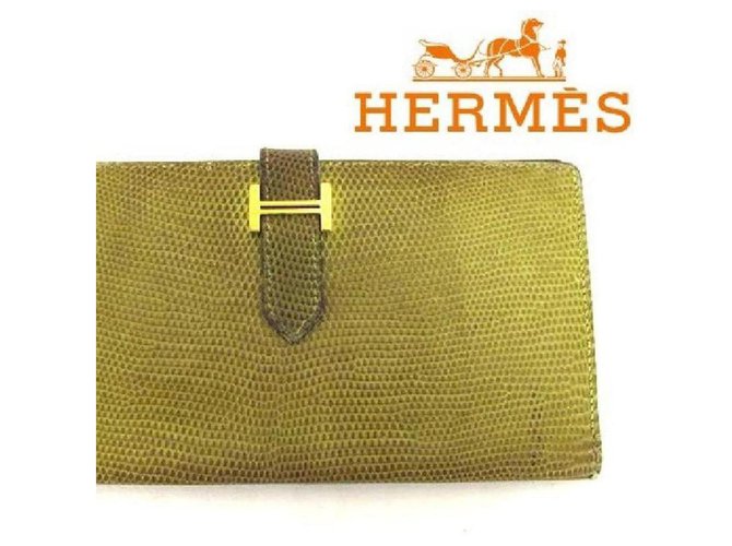 Constance Hermès Lizard Bearn Green Hombre Bifold Classic Wallet  ref.294485