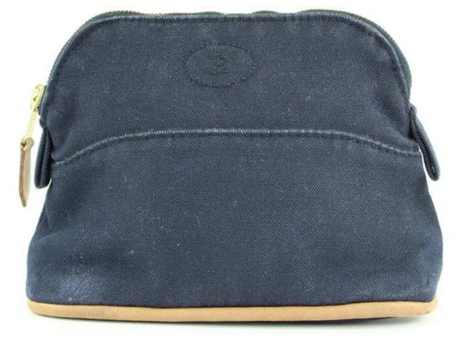 Hermès Navy Toile Bolide Cosmetic Pouch Make Up Case Leather  ref.294511