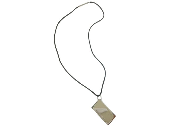 Hermès Silver Tone Charm Necklace Choker Pendant Charm 44Herl1125 Leather  ref.294583