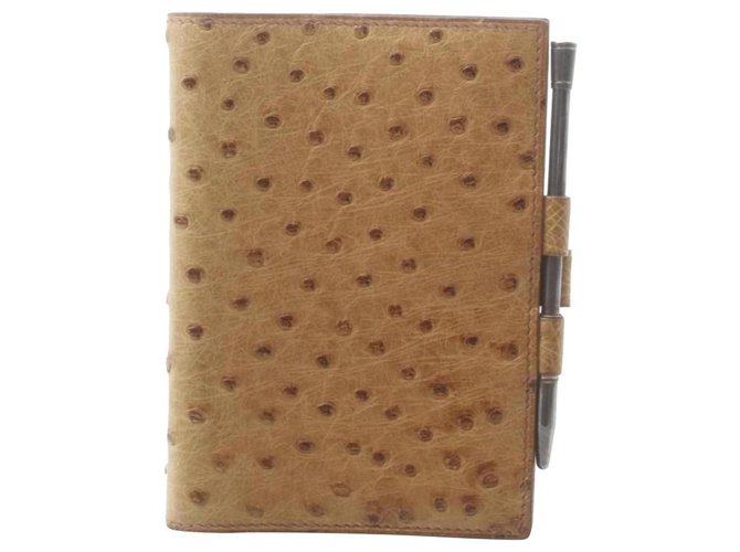 Hermès  Brown Ostrich Leather Small Agenda Cover with Dupont Pen  ref.294637