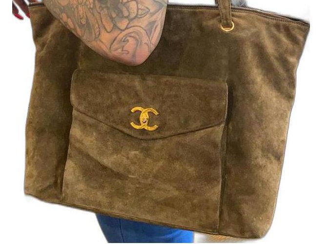 Chanel Large Khaki Brown Suede Turnlock Tote  ref.294682