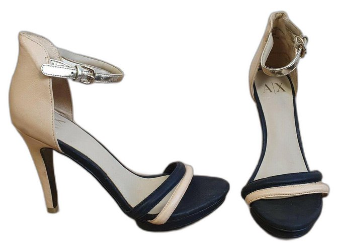 Armani Exchange Black and nude sandals with ankle strap Brown Metallic Leatherette  ref.294886