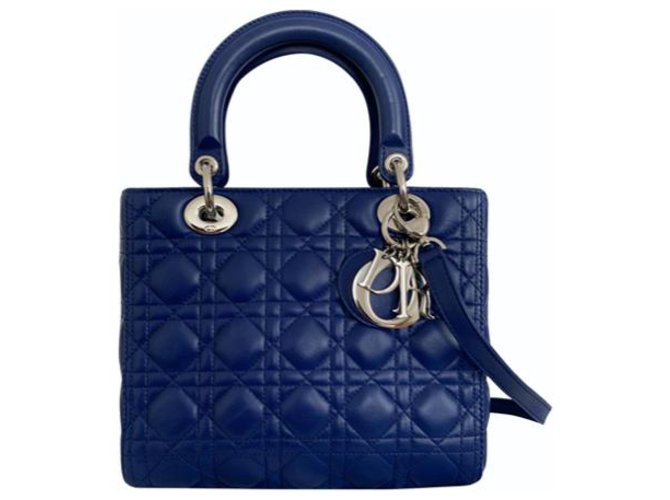 Sac Christian Dior Lady Dior Medium Cuir Bleu Marine Bleu foncé Bijouterie argentée  ref.294923