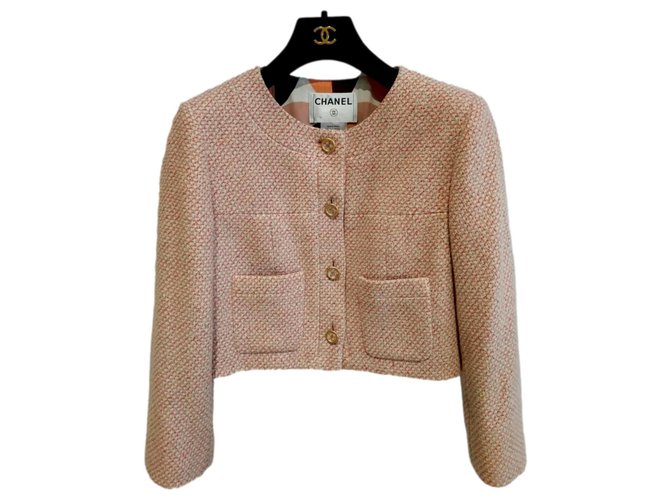 Chanel Pink multi colour cropped tweed cc button jacket, NEW! Golden Light  green Lavender Light blue Silk Cashmere ref.295284 - Joli Closet