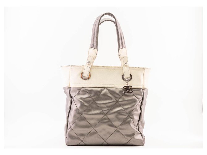 Chanel Biarritz bag in cream and metallic gray canvas Silvery Grey Cloth  ref.295402
