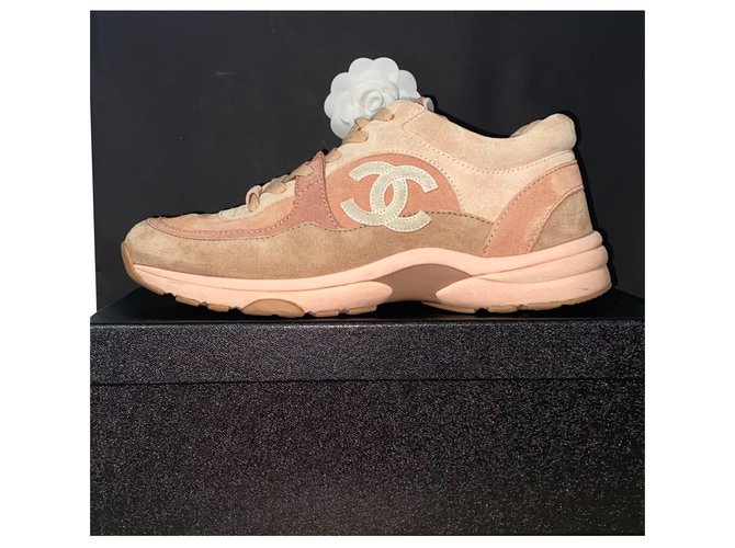 Chanel Pink/White Satin, Mesh and Leather CC Sneakers Size 38.5 Chanel