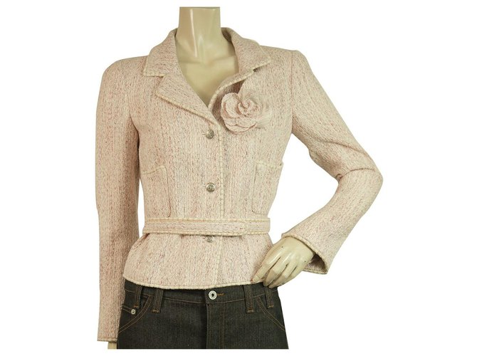 Chanel Pink Woven Tweed Belt Cotton Silk blend Jacket Size 34 05C Collection  ref.295508
