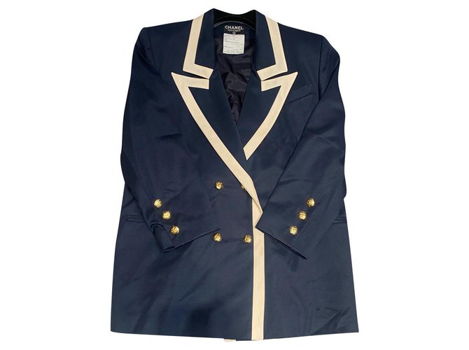 Chanel Jackets Beige Navy blue Wool  ref.296655