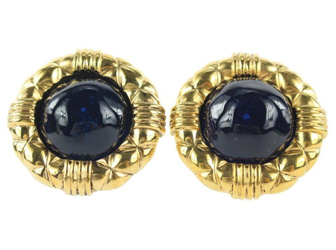 Chanel 2 3 Series Gold x Navy Blue Quilted Stone Earrings White gold  ref.297366