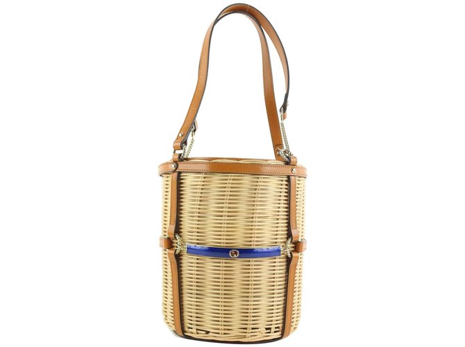 Gucci FW19 Borsa tote a secchiello Cestino Limited Straw Wicker Pelle Di vimini ref.297420 Joli Closet