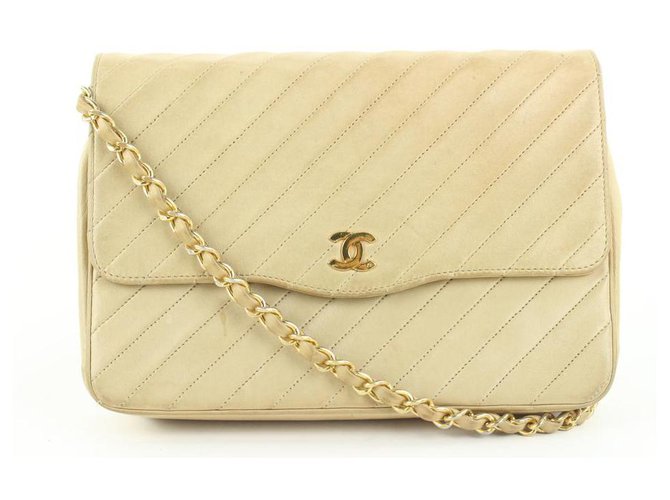 Chanel Beige Diagonal Quilted Lambskin Flap Chain Bag Leather ref.297479 -  Joli Closet