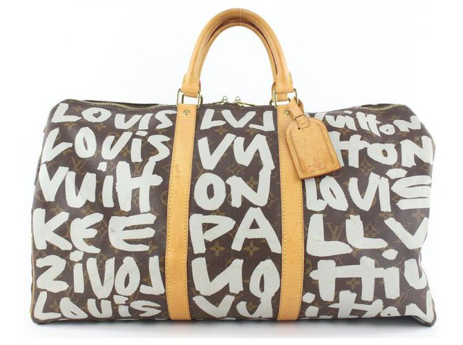 Louis Vuitton Gris plateado Stephen Sprouse Monograma Graffiti Keepall 50 Bolso Cuero Plata  ref.297483
