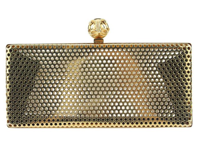 Autre Marque Gold x White Perforated Metal Kisslock Minaudiere Clutch Bag White gold  ref.297537