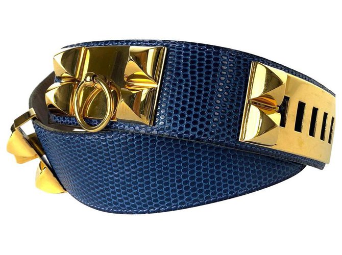 Hermès Medor CDC Collier de Chien Lizard Blue Belt Gold Stud Spike White gold  ref.297640