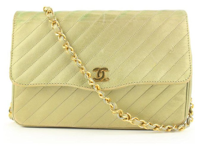 Chanel Chevron Quilted Gold Leather Chain Flap Bag White gold  ref.297655