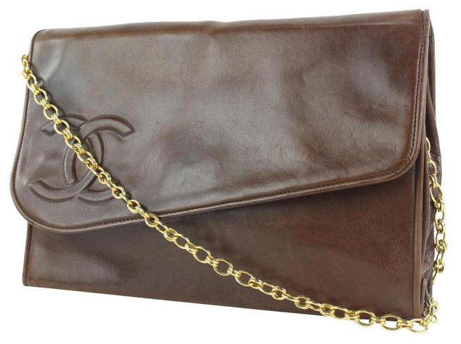 Chanel Bolso de cadena con solapa diagonal marrón oscuro Cuero  ref.297672