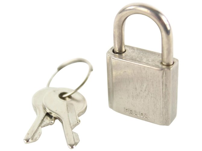 Prada Ultra Rare Brushed Silver Metal Padlock and Key Lock Set Cadena   - Joli Closet