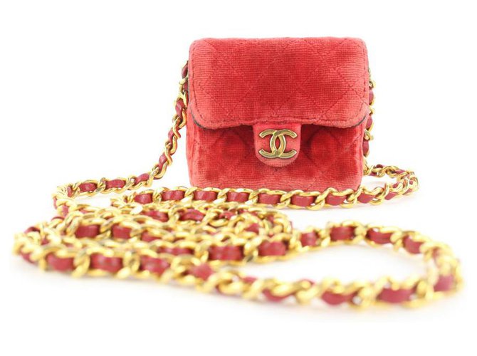 Chanel Micro Nano Red Quilted Velvet Mini Classic Flap Chain Bag Leather  ref.297828 - Joli Closet