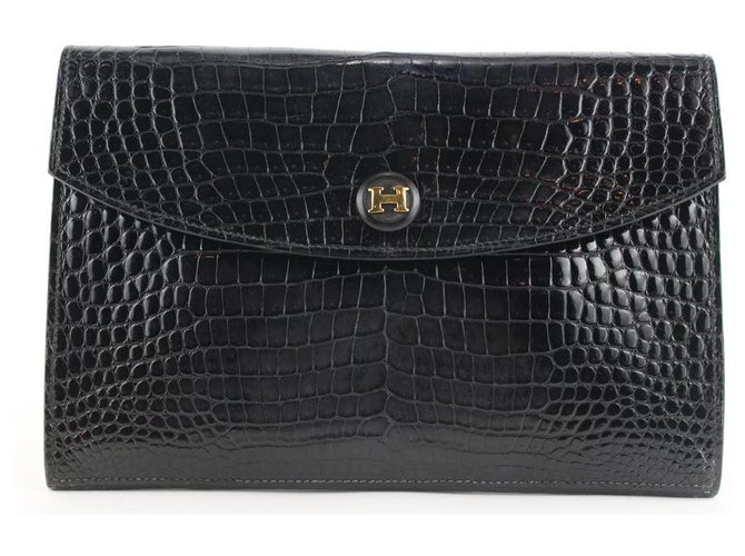 Hermès Sac enveloppe noir Porosus Crocodile Rio Clutch Pochette  ref.297951